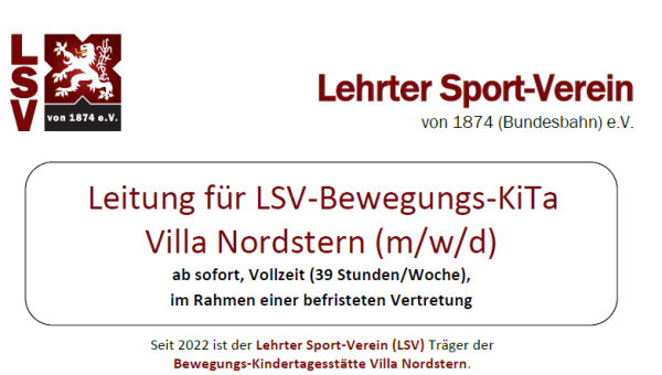 Stellenausschreibung: Leitung LSV Bewegungs-KiTa Villa Nordstern (m/w/d)